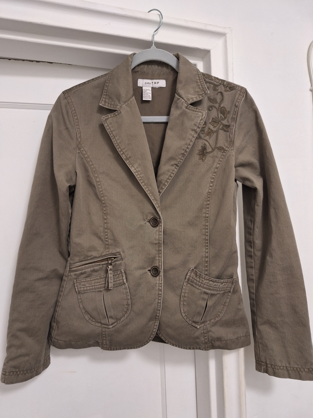 ZARA TRF Tan Cotton Blazer Jacket Embroidered Shoulder